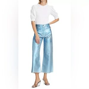 Veronica Beard Taylor Cropped Wide-Leg Blue Metallic Jeans NWT